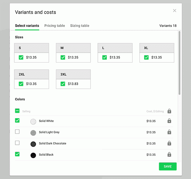 Printify product variants and costs