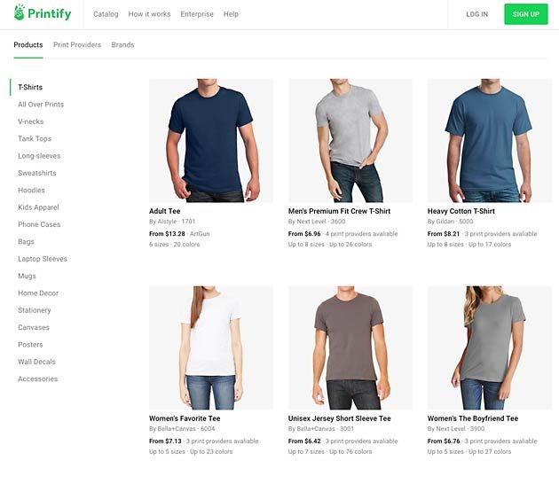 Printify product catalog