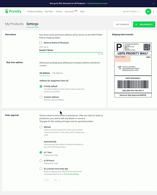 Printify Settings page