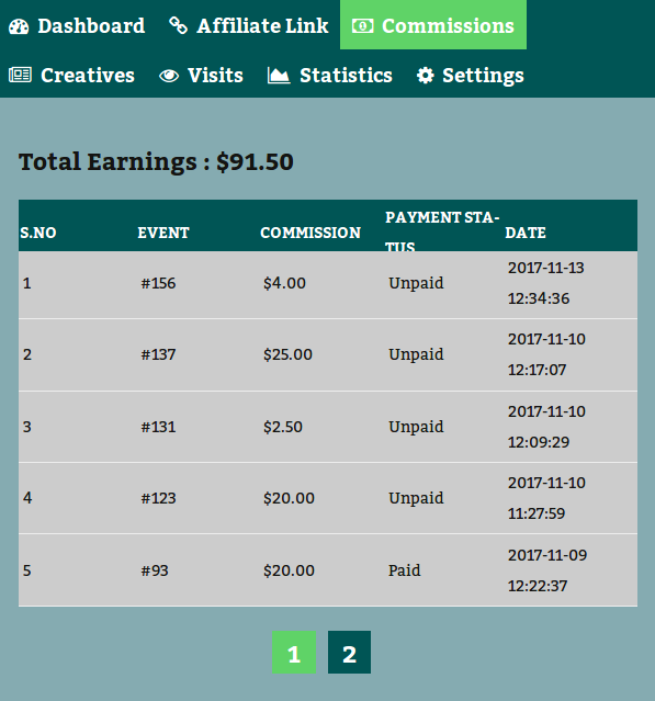SUMO Affiliates - Affiliate Frontend Commissions Table