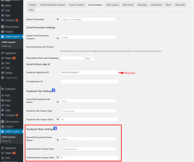 SUMO Coupons - WooCommerce Coupon System - Social Coupons Settings