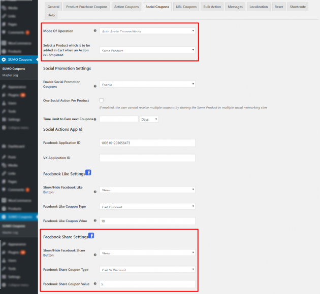 SUMO Coupons - WooCommerce Coupon System - Social - Auto Apply Settings