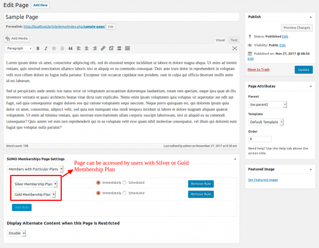 SUMO Memberhips - Page Restriction Settings