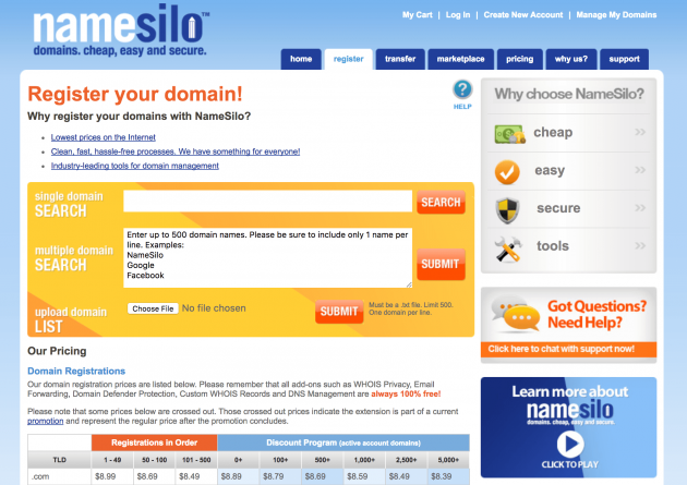 The NameSilo website.
