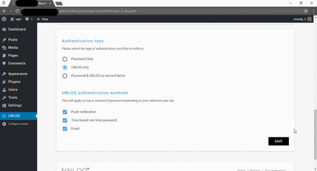 UNLOQ plugin authentication settings authentication type