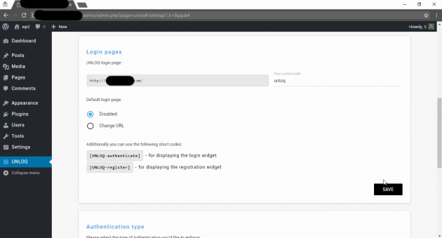 UNLOQ plugin authentication settings login page