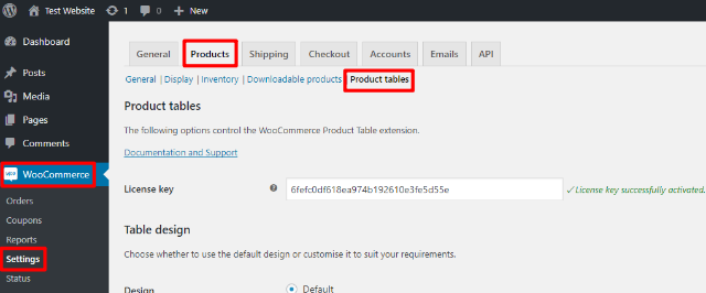 woocommerce product table settings