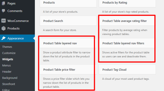 woocommerce product table widgets