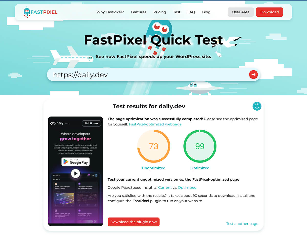 FastPixel's page optimization test