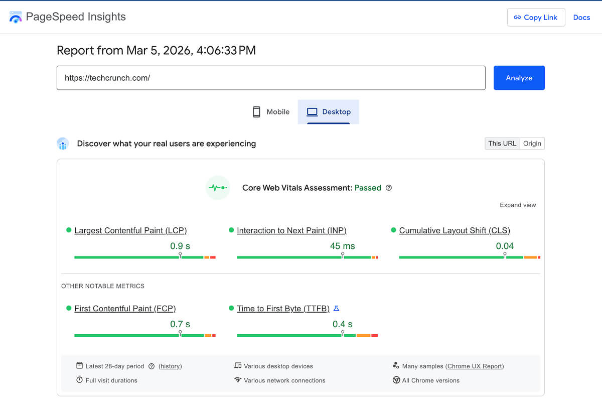 Google PageSpeed Insights for TechCrunch