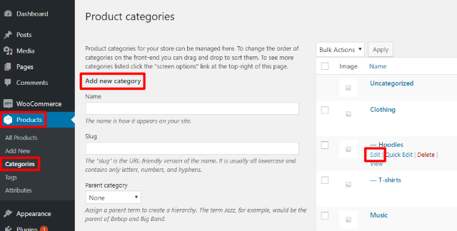 edit woocommerce categories