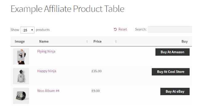 example of table of affiliate products
