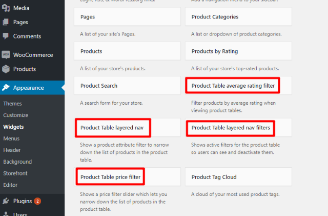 table widgets