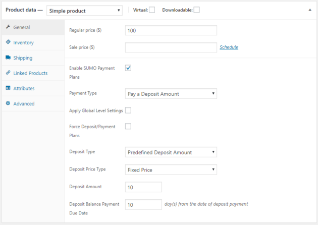 SUMO WooCommerce Deposits Payment Plans Plugin - Deposit Product Settings