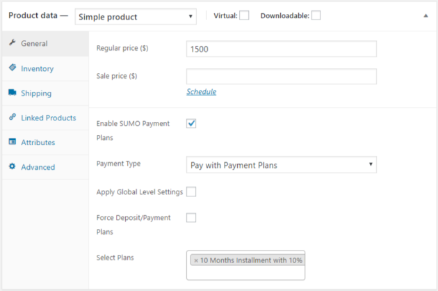 SUMO WooCommerce Deposits Payment Plans Plugin - Payment Plan - Product Settings