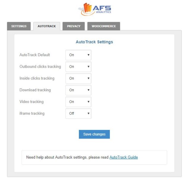 The AutoTrack options, with drop-down menus.