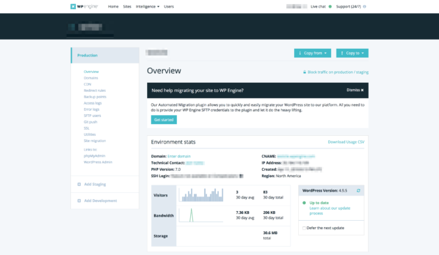 The WP Engine dashboard.