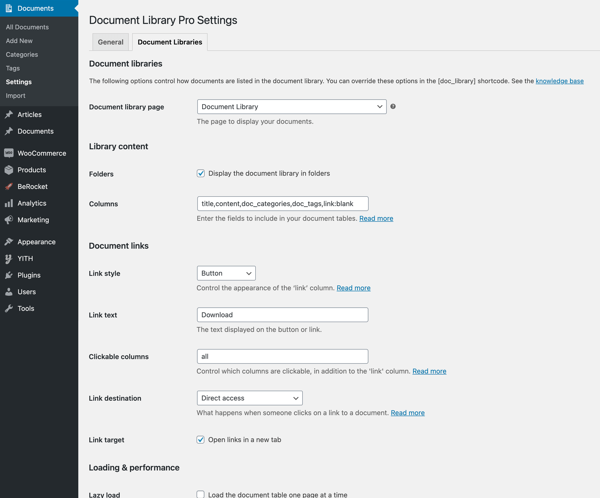 The Document Library Pro settings.