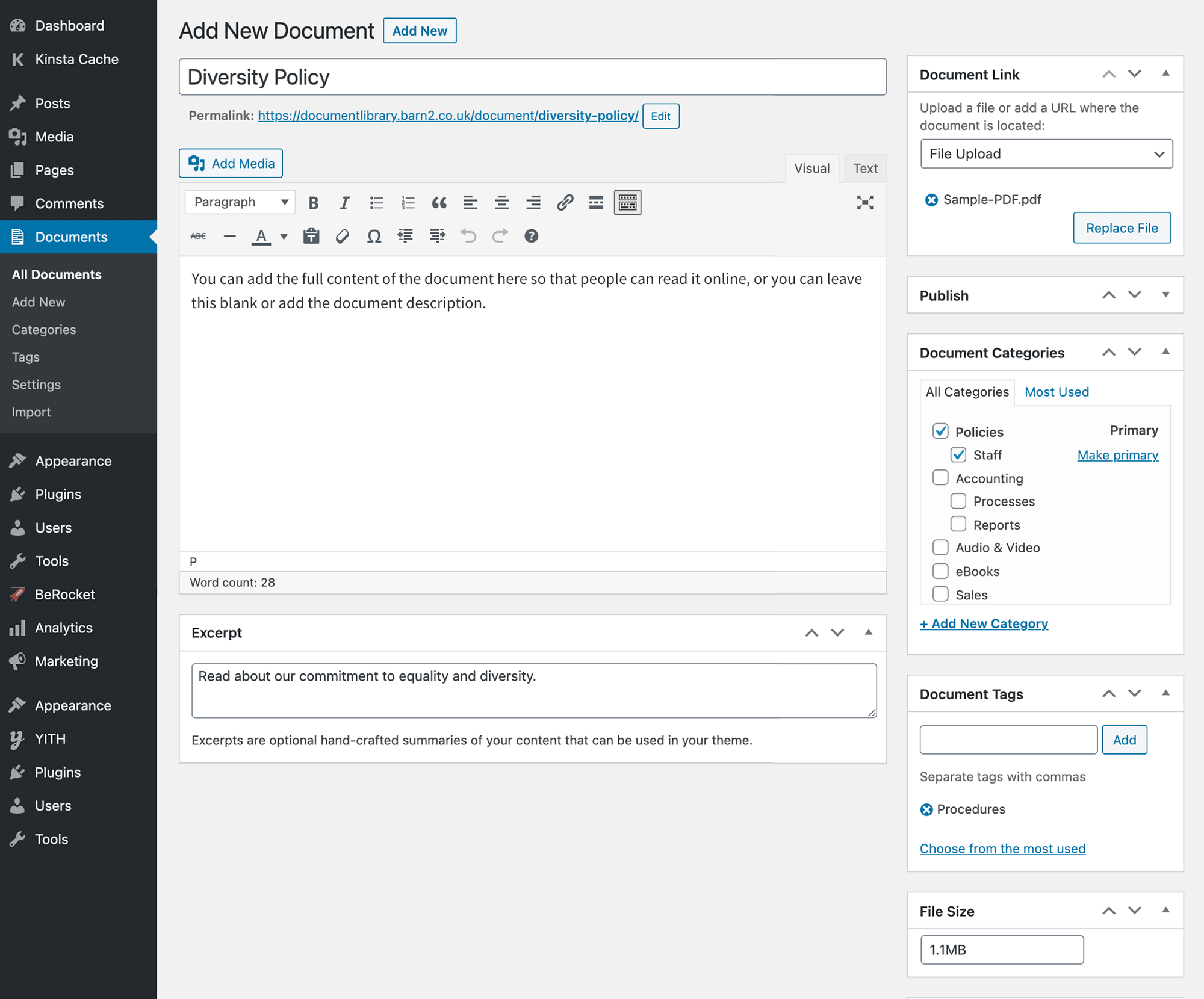 Adding a new document in the Document Library Pro plugin.