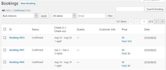 motopress hotel booking list of bookings