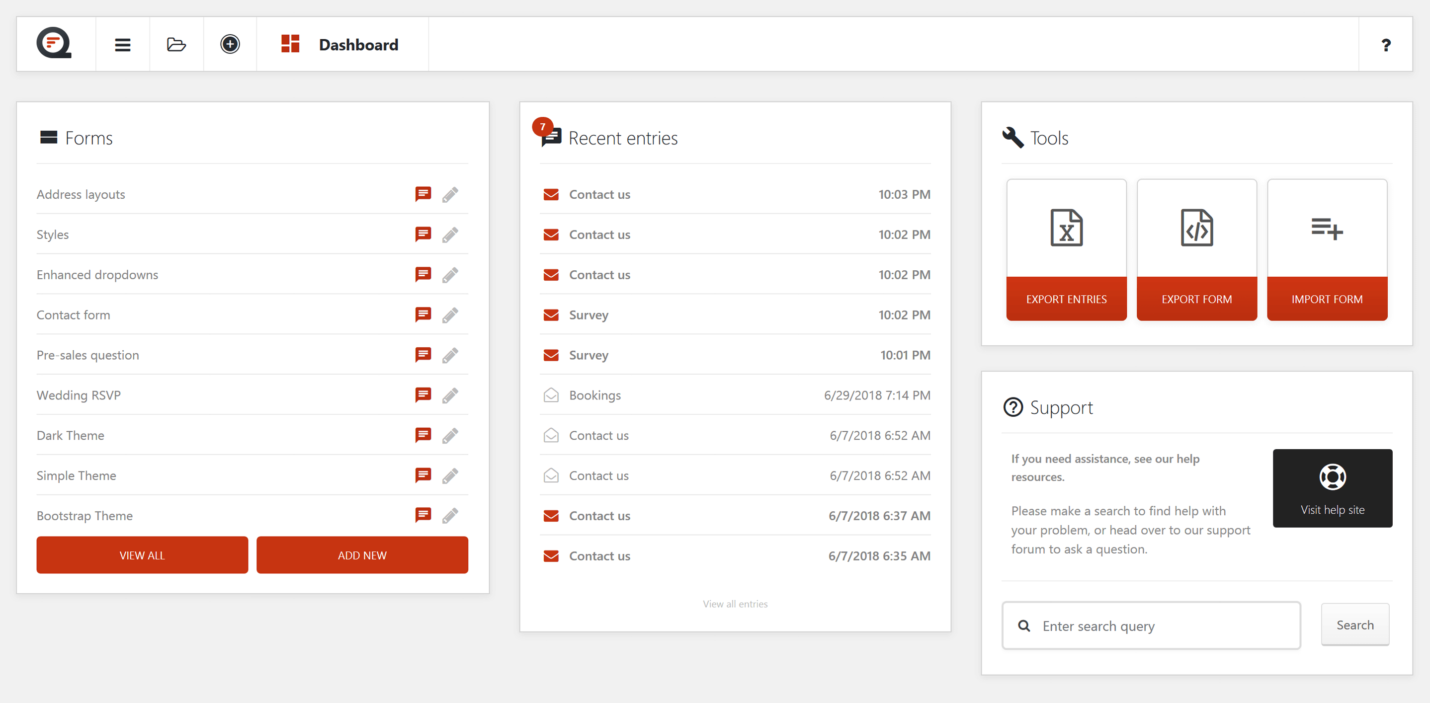 The Quform plugin dashboard.