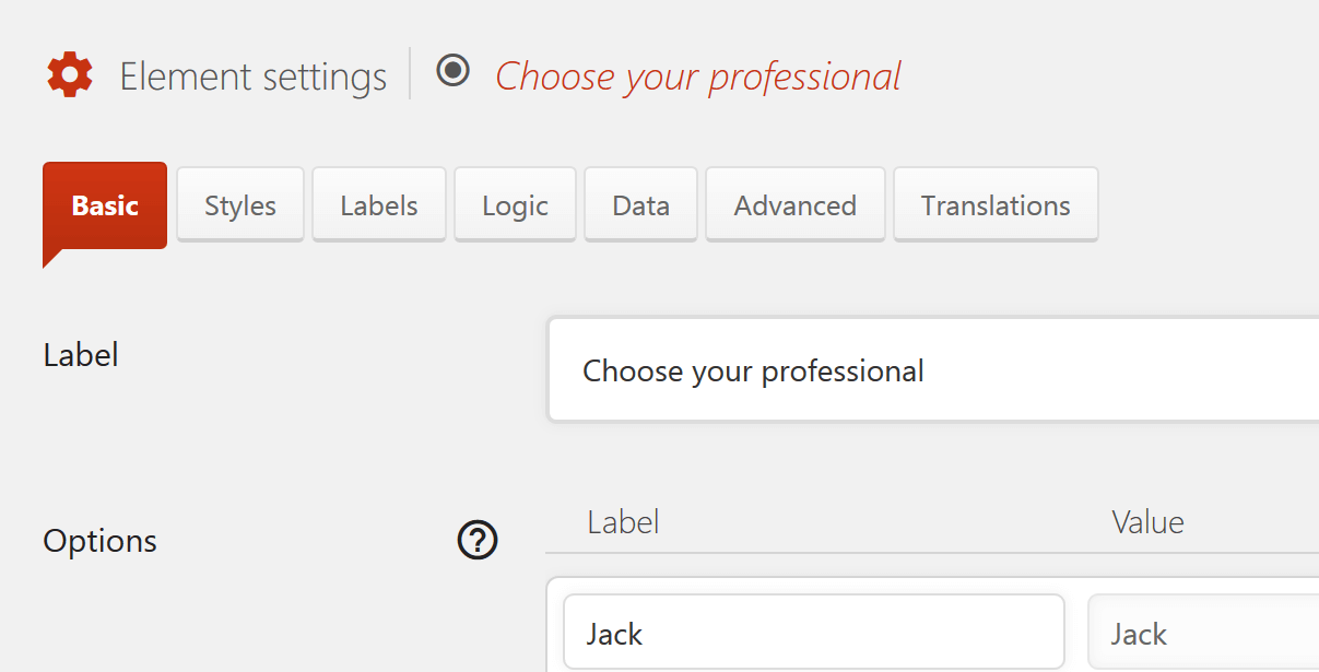 The Quform plugin element settings.