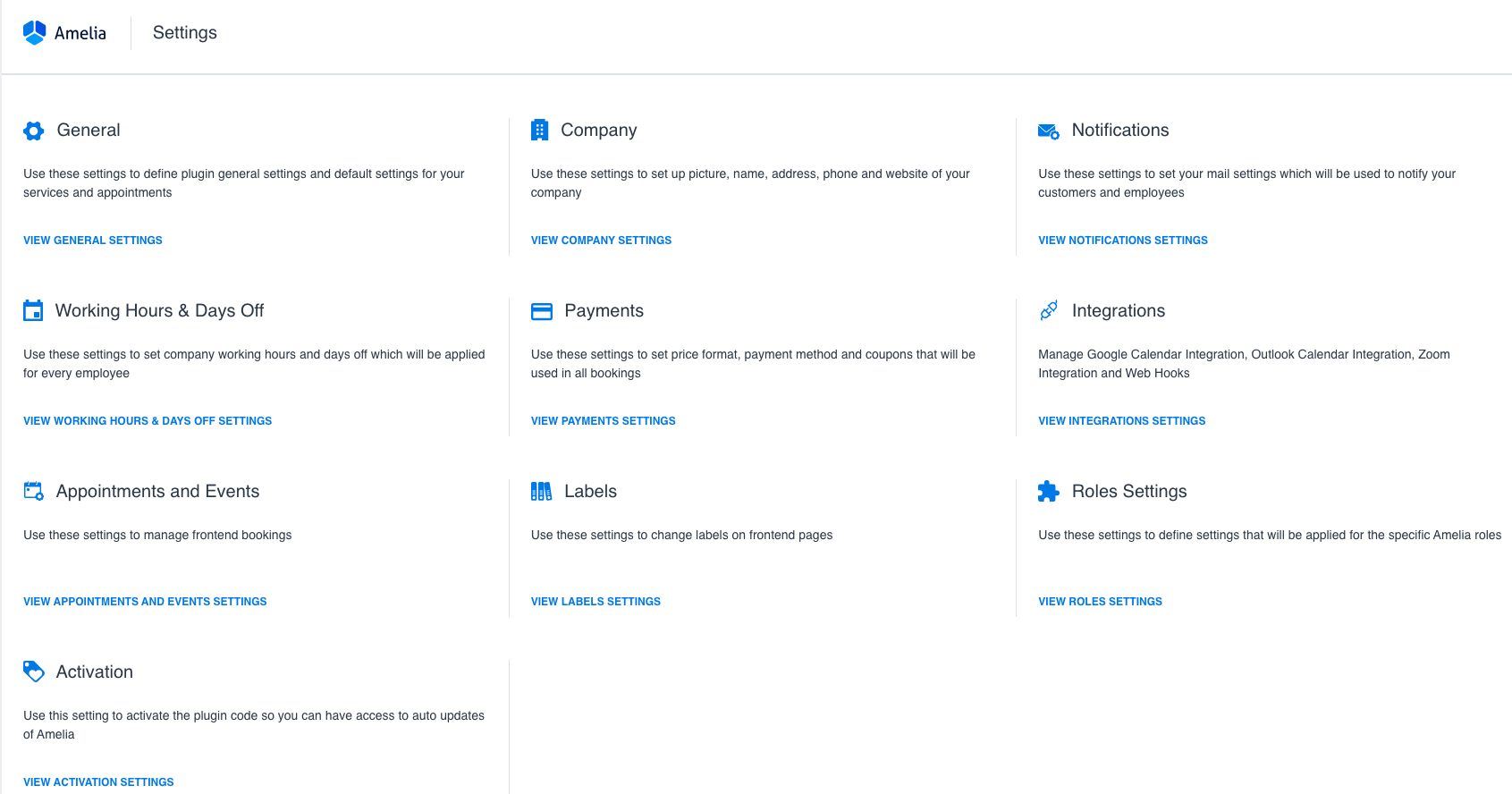 Amelia - Settings screen