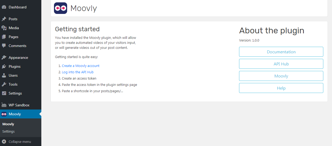 The Moovly plugin section in the WordPress dashboard.