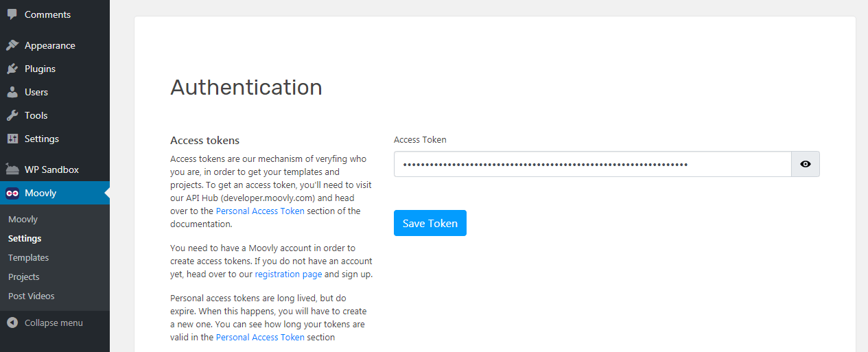 Connecting the Moovly plugin using an access token.