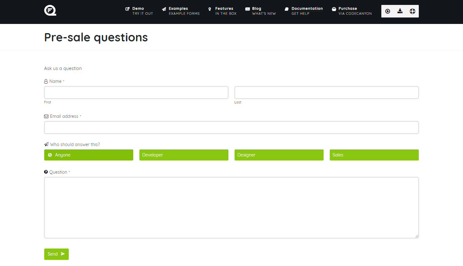 A contact form on the Quform website.