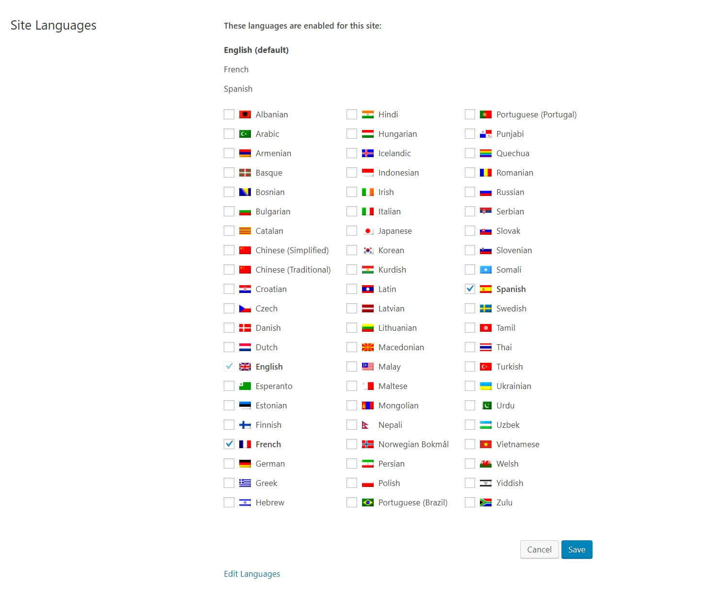Selecting languages in WPML.