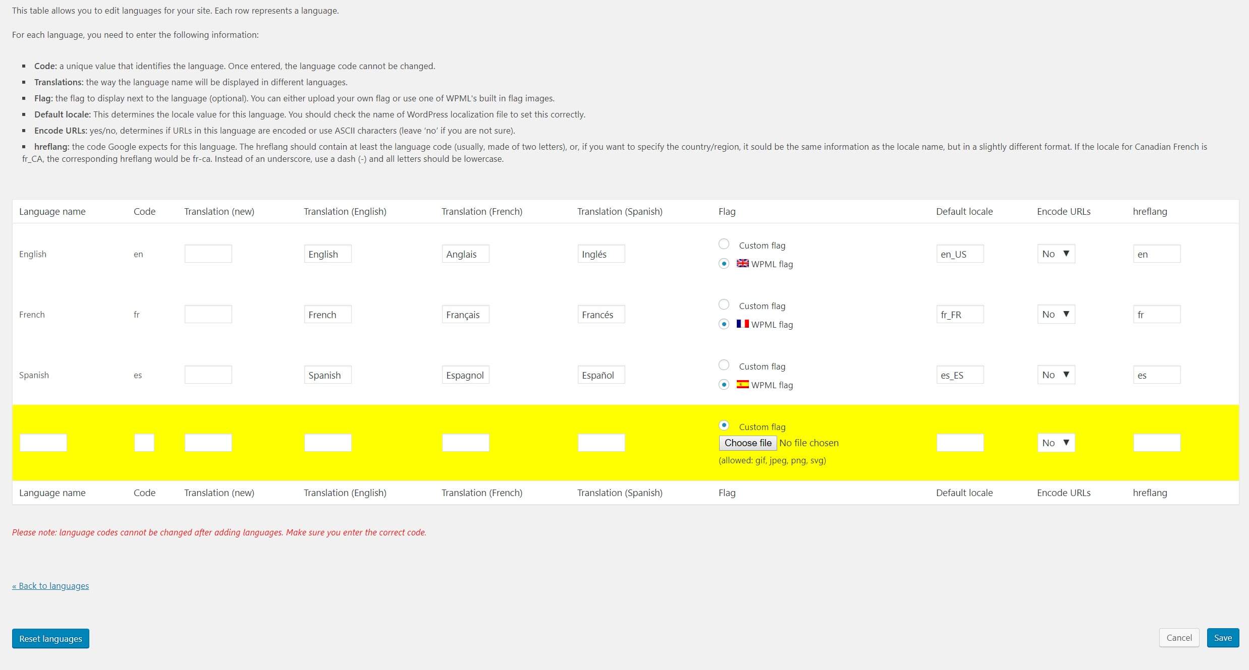 Manually adding a language in WPML.