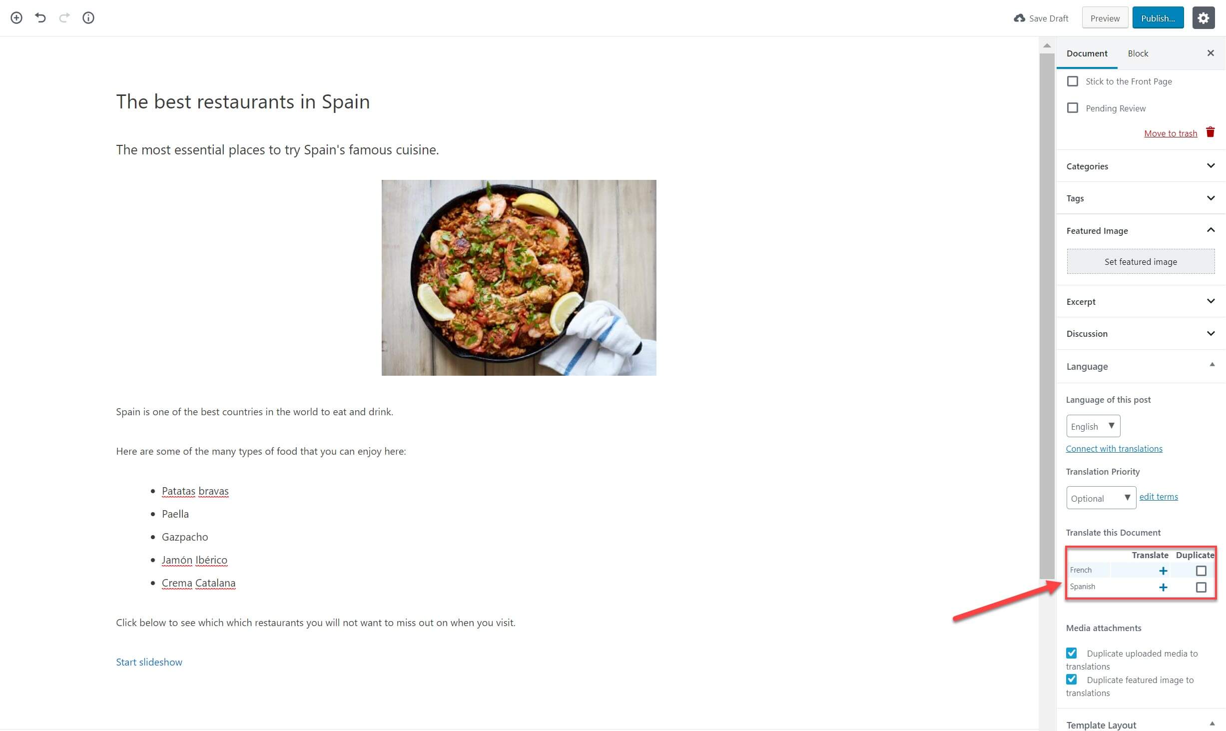 Translating a page using WPML.