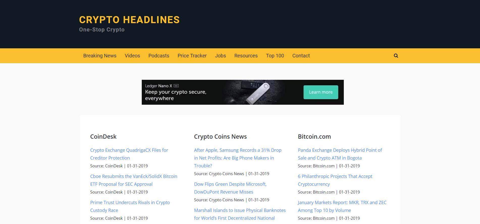 The Crypto Headlines website.