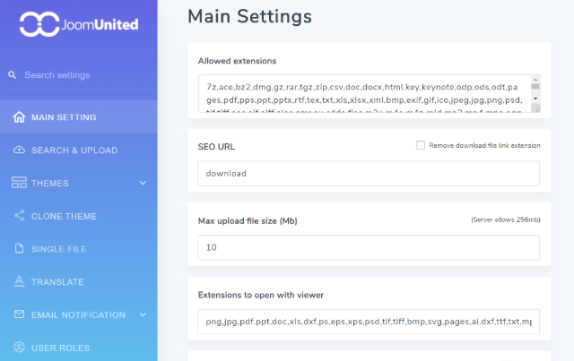 main settings page