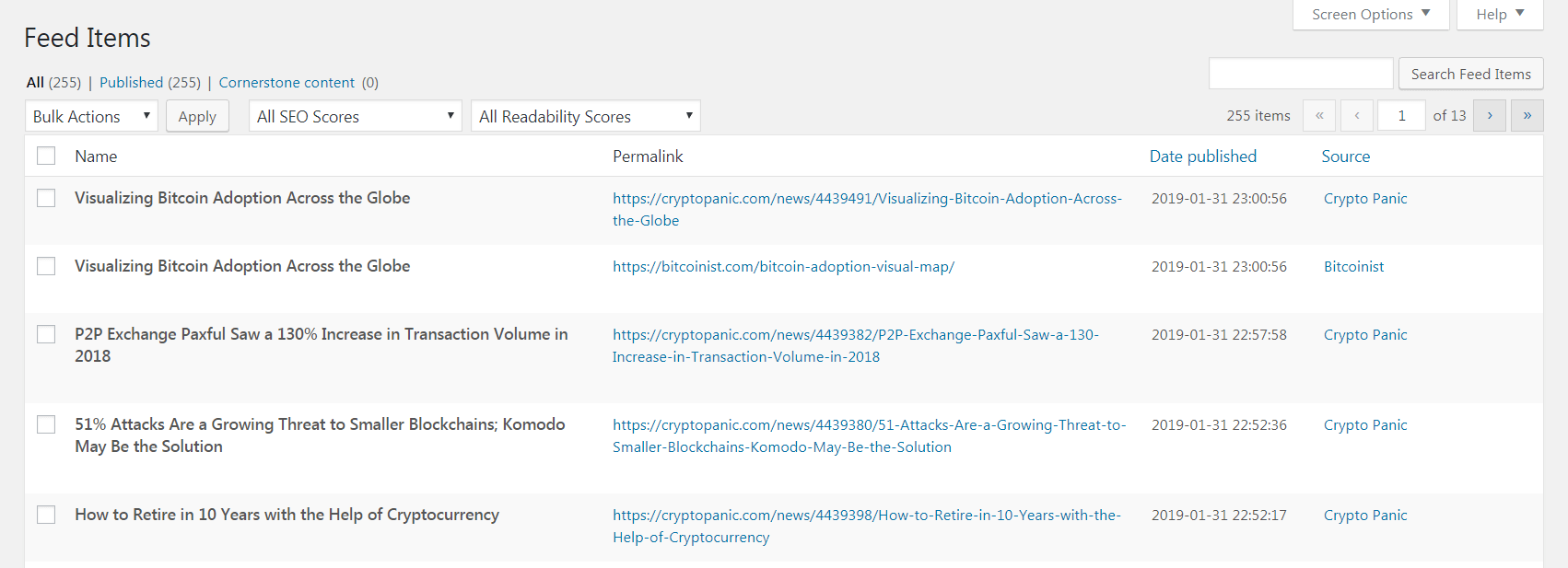 A list of feed items in the WP RSS Aggregator plugin.