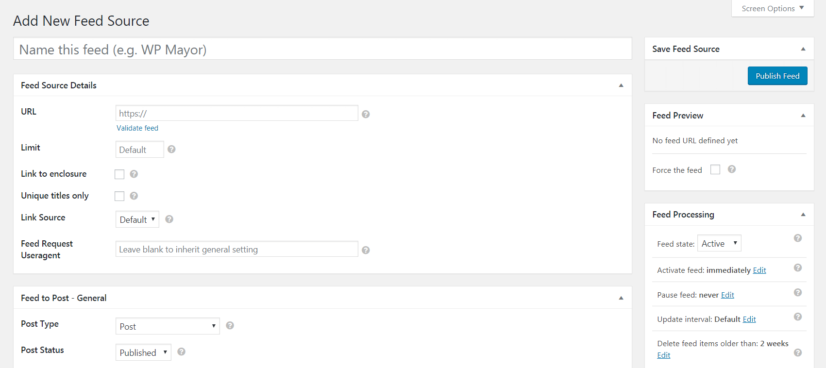 Adding a new feed in the WP RSS Aggregator plugin.