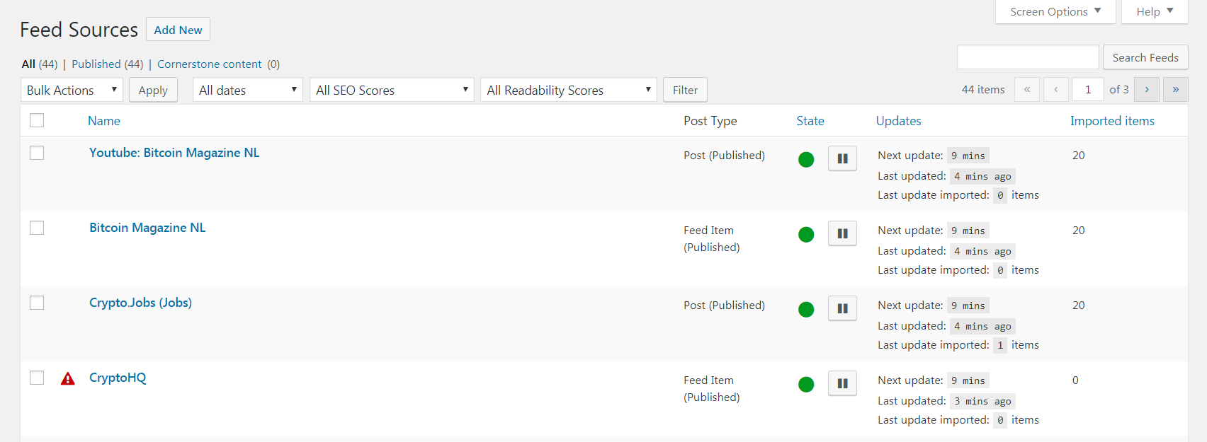 A list of feed sources in the WP RSS Aggregator plugin.