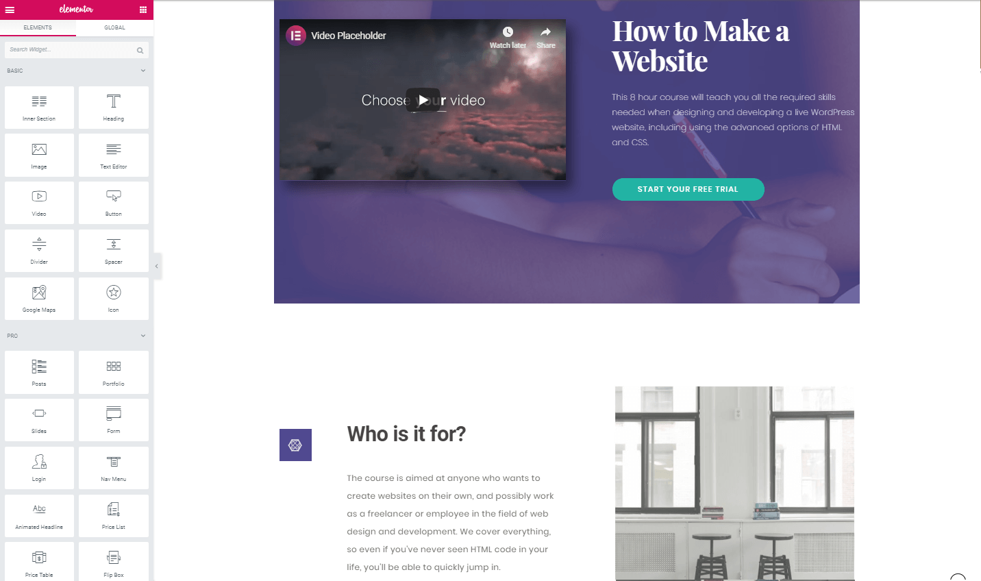 A layout in Elementor.