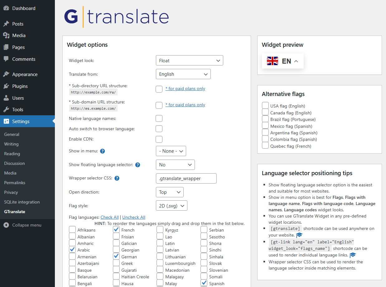 Configuring gTranslate within its dedicated WordPress admin page.