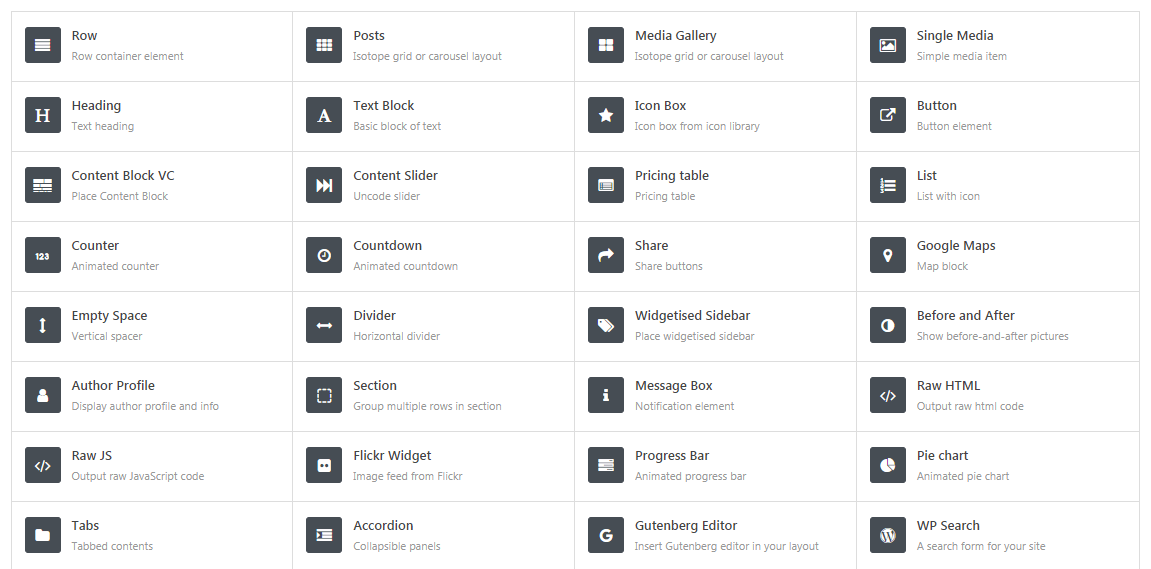 A list of elements in a page builder.