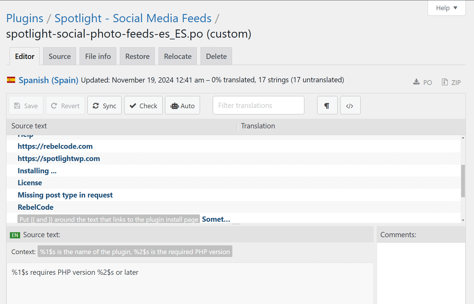 Translating a .po file using a  WordPress translation plugin.