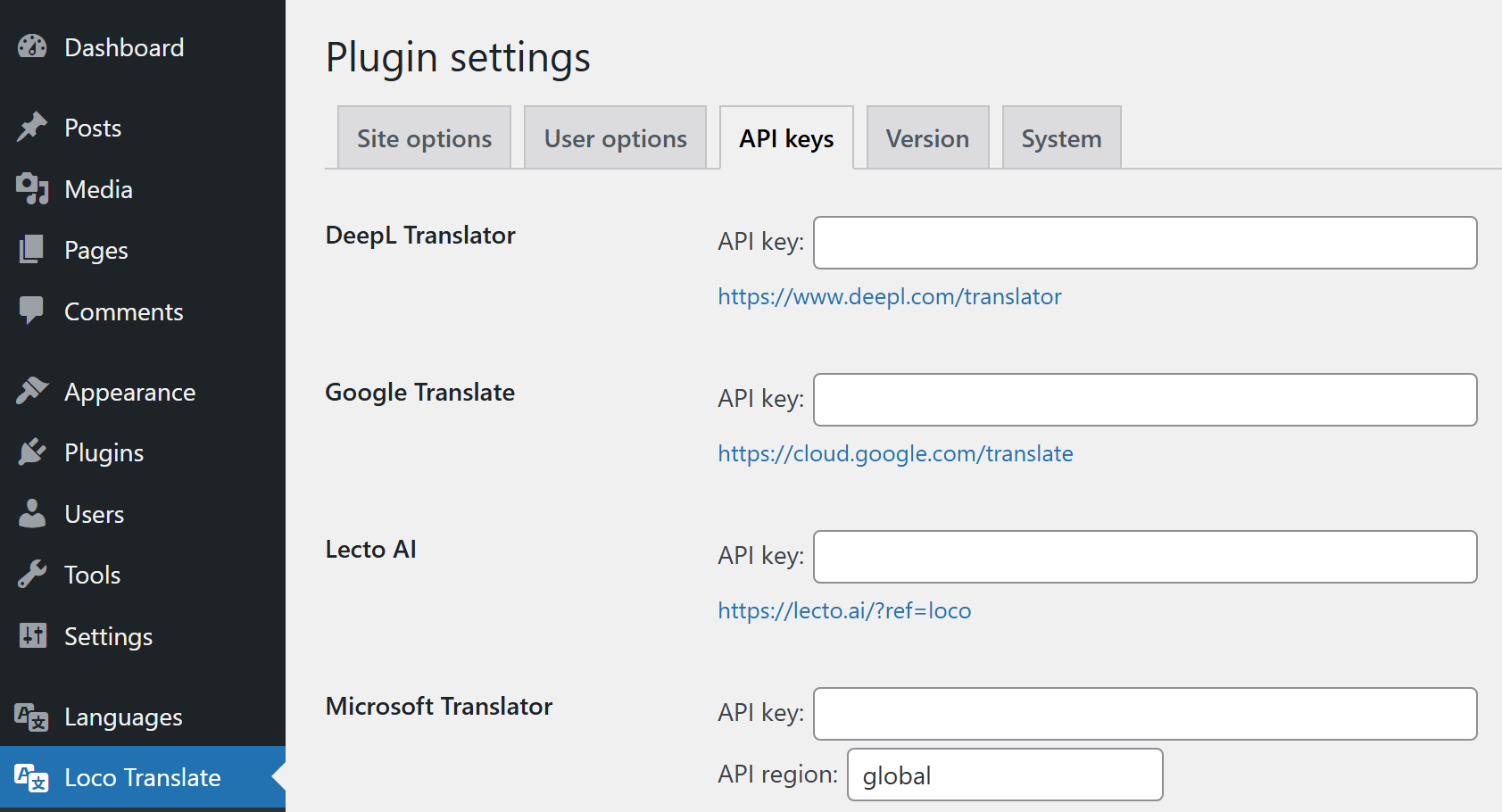 WordPress translation API settings within the main dashboard.
