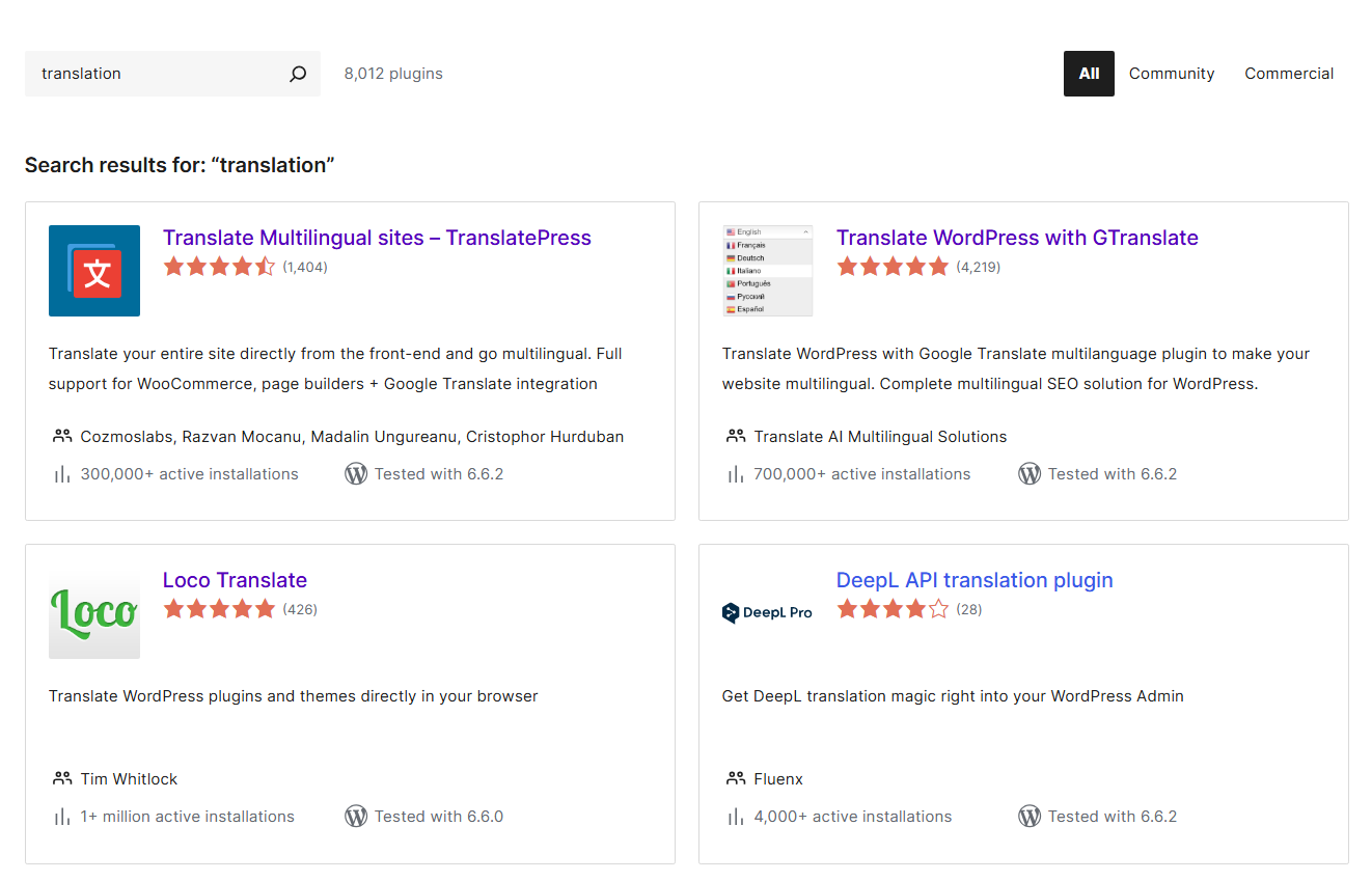 The WordPress Plugin Directory showing WordPress translation plugins.