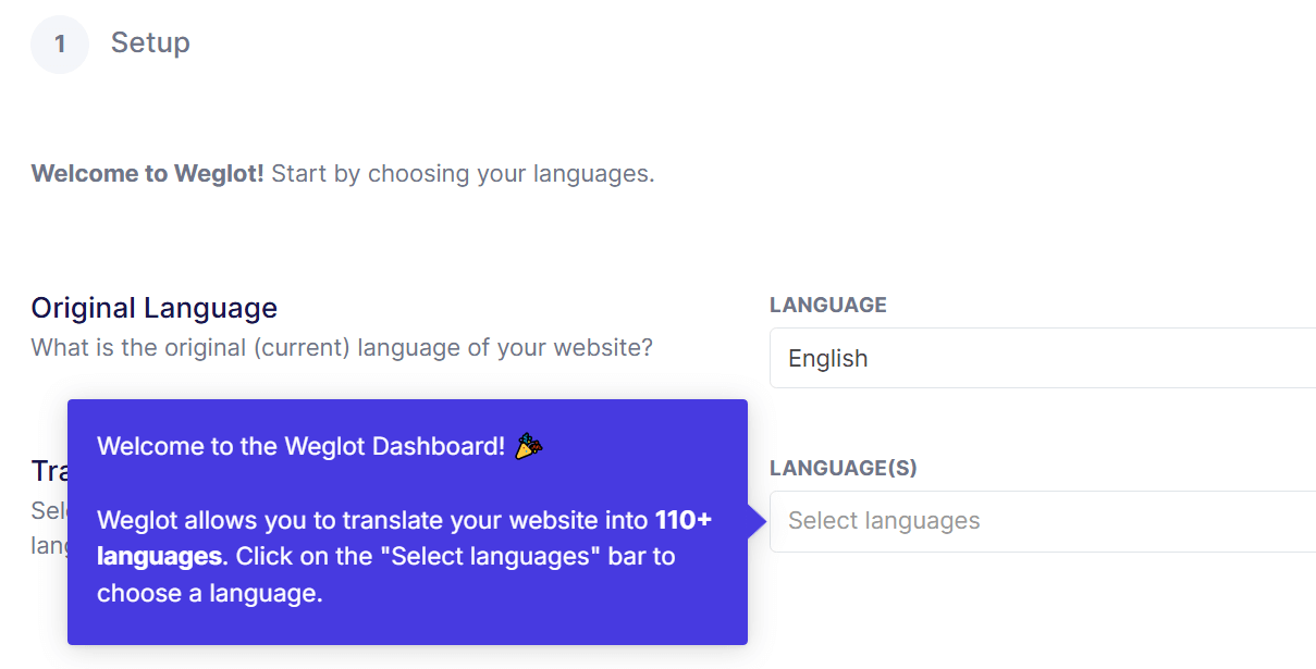 Selecting a language in the Weglot interface.