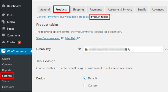 Access WooCommerce Product Table settings