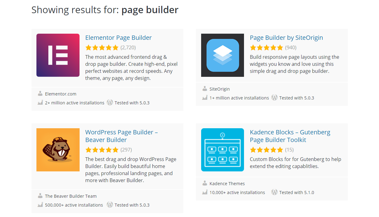 A selection of WordPress page builders.