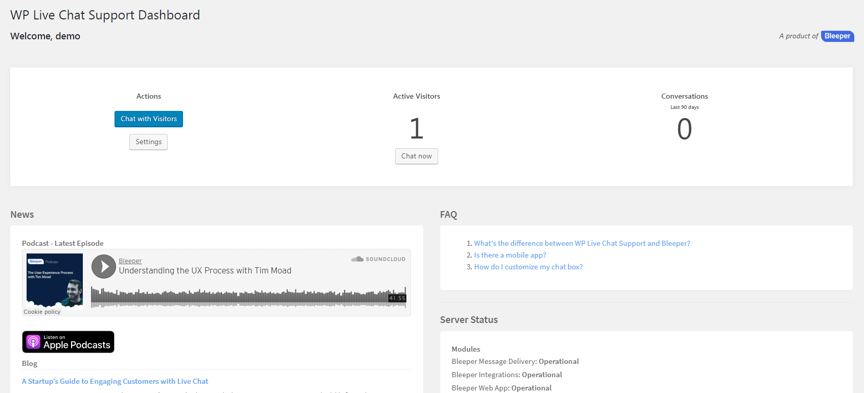 The WP Live Chat dashboard.