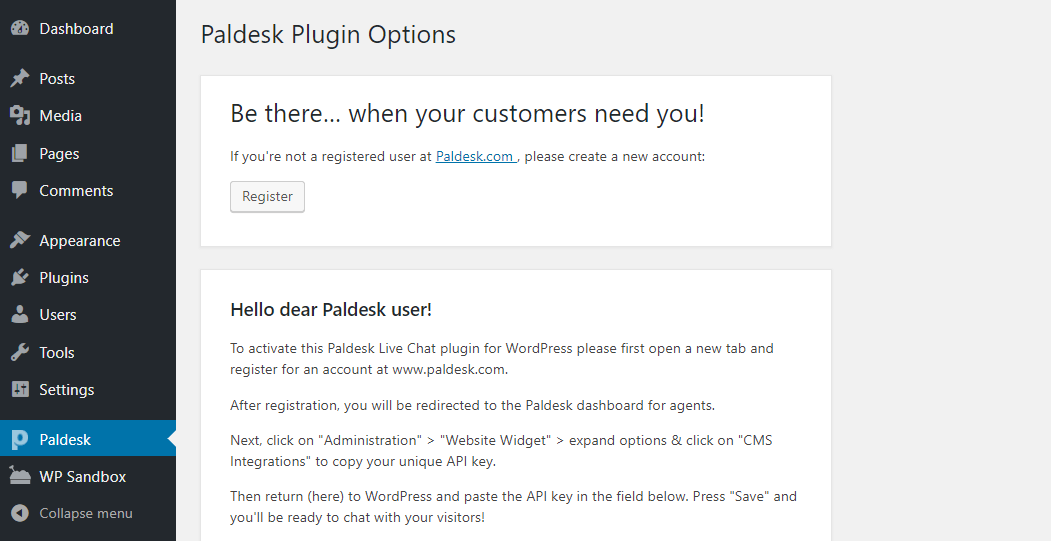 The Paldesk plugin's options.