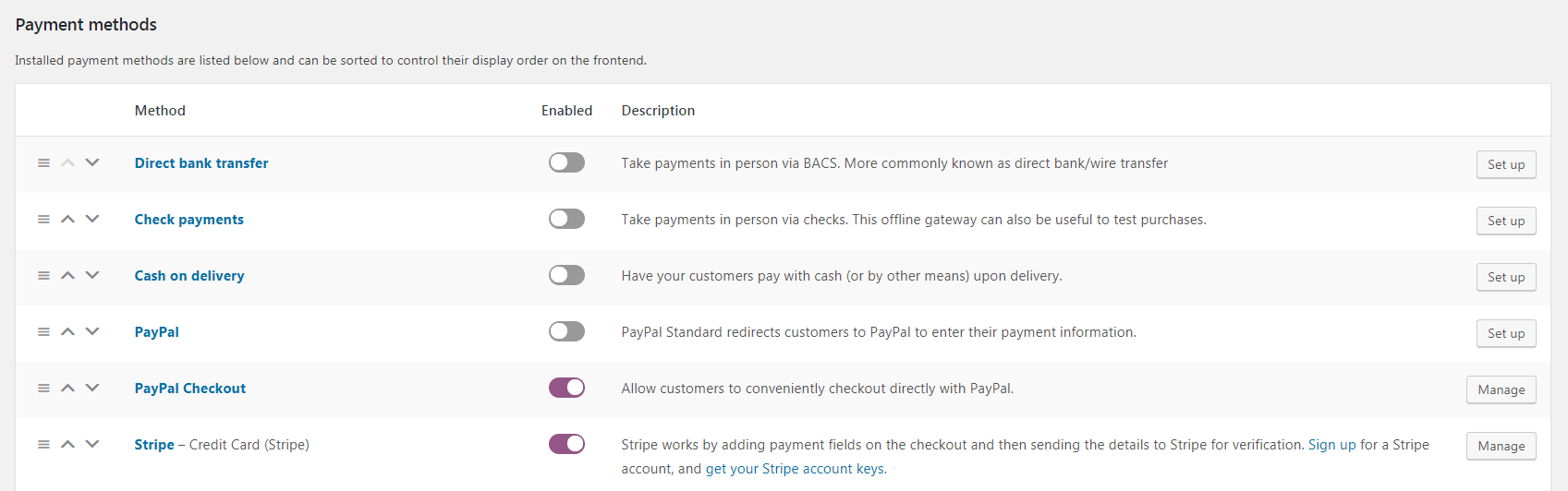 The default WooCommerce payment gateways.